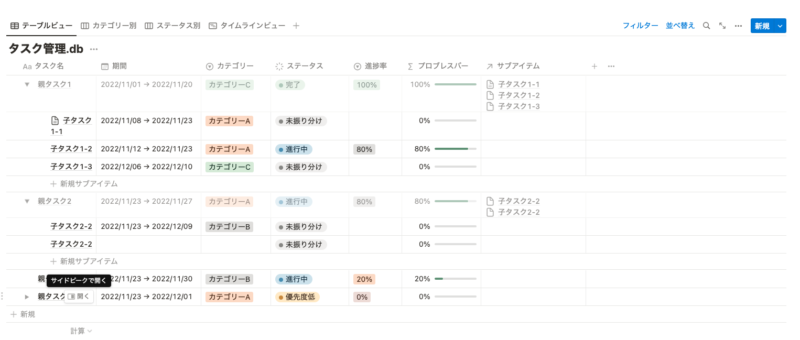 サブアイテム(子タスク)がデフォルトで全て開いた状態