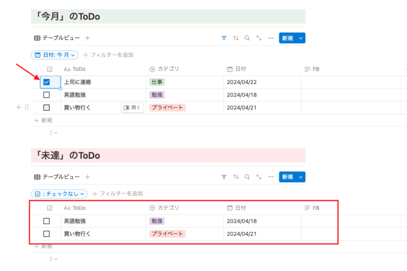 チェックの入ってないToDoが表示されるか確認